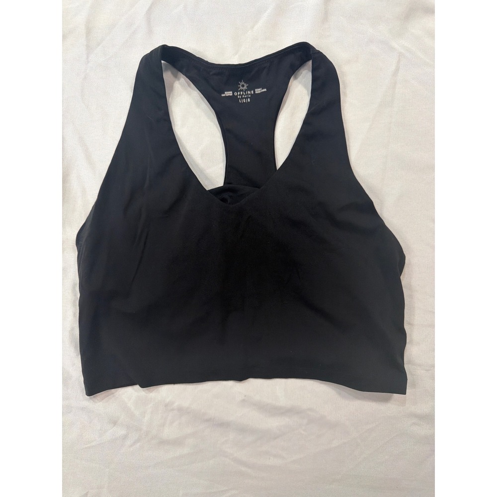 OFFLINE by Aerie Real Me V-Neck Racerback Sports Bra Black Large Light Support